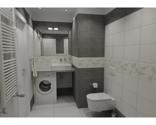 Moderná kúpeľňa s práčkou, umývadlom, zrkadlom a toaletou.