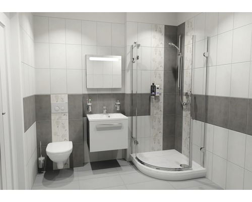 Svetlá kúpeľňa so sprchou, umývadlom, zrkadlom a toaletou