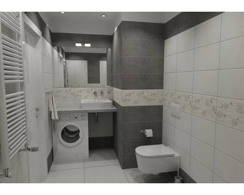 Moderná kúpeľňa s práčkou, umývadlom, zrkadlom, radiátorom a toaletou