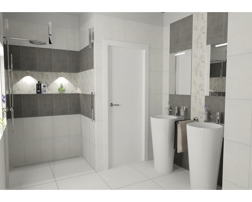 Moderná kúpeľňa so sprchou, umývadlami a dlaždicami