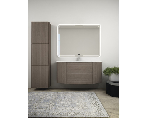 Moderný kúpeľňový komplet s umývadlovou skrinkou, zrkadlovou skrinkou a vysokou skrinkou pre štýlové prostredie