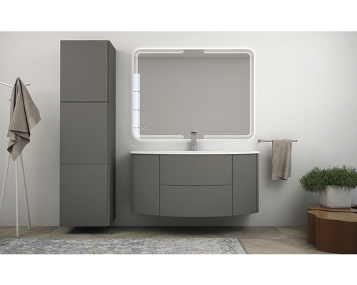 Moderný kúpeľňový komplet s umývadlom, zrkadlovou skrinkou a vysokou skriňou