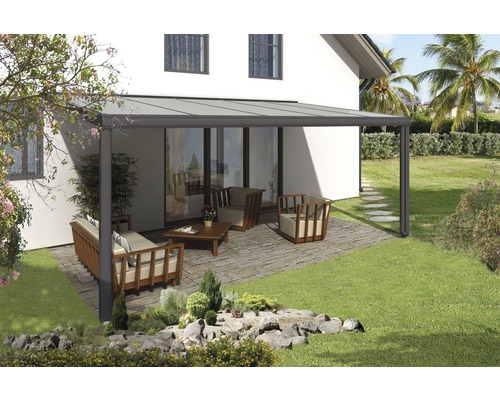Zastrešenie terasy SKAN HOLZ Genua 541 x 357 cm hliník, antracitový povlak Terasa so zastrešením a posedením v záhrade