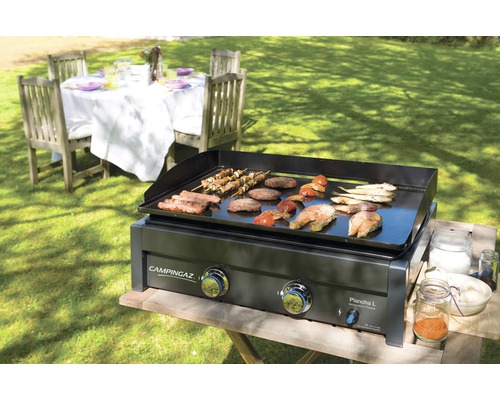 Gril CampIngaz s mäsom, špízmi a rybami na stole v záhrade