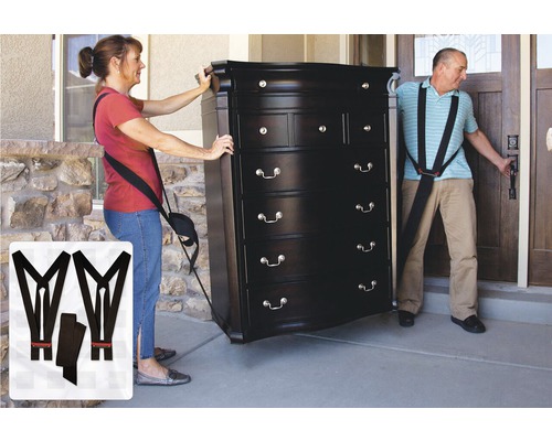 Dvaja ľudia nesú komodu pomocou nosného systému.