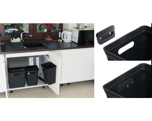 Kuchynská scéna so systémom triedenia odpadu na montáž pod drez a detailné pohľady