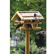 Drevený vtáčí domček s niekoľkými vtákmi