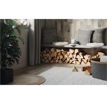 Obývacia izba s krbovým drevom, vankúšmi a izbovou rastlinou v kvetináči