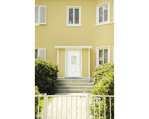 Pohľad na dom so vstupnými dverami, schodiskom a plotom