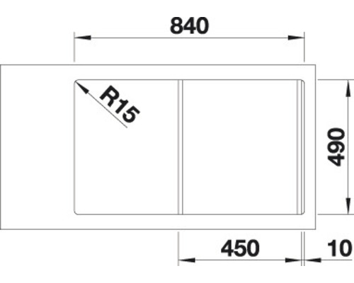 Technický nákres drezu s rozmermi 840 x 490 mm