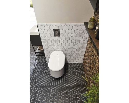 Moderná kúpeľňa s bielym WC, šesťhranné obklady na stenách a podlahe a drevený stenový prvok.