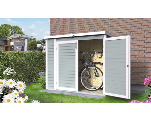 Prístrešok na popolnice Bertilo Multi-Box 3 200x82x163 cm svetlosivý vr. podlahy Záhradná skriňa s otvorenými dverami a bicyklom vo vnútri na trávniku