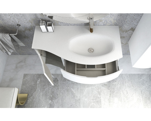 Kúpeľňová umývadlová skrinka s otvorenou skrinkou a zásuvkou v modernom dizajne