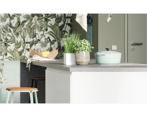 Kuchynská scéna s kuchynským stolom, rastlinami a hrncom