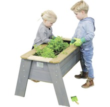 Vyvýšený záhon pre deti s rastlinami a dvoma deťmi