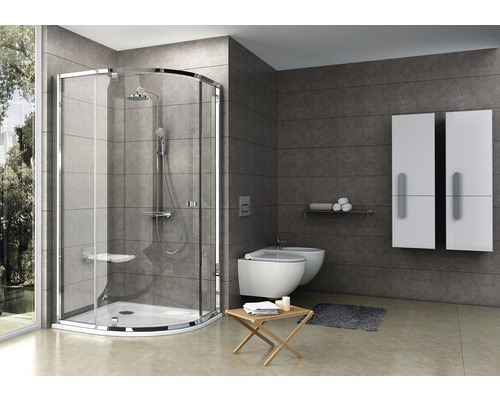 Moderná kúpeľňa so sprchou, toaletou, bidetom a kúpeľňovým nábytkom