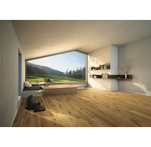 Svetlá izba s drevenou podlahou, veľké okno s výhľadom na zelenú krajinu, police a minimalistický nábytok