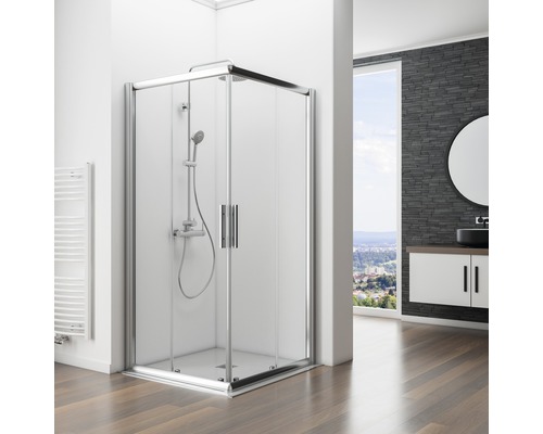 Rohová sprcha s posuvnými dverami v kúpeľni