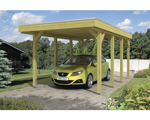 Prístrešok na auto SKAN HOLZ Friesland 314 x 555 cm impregnovaný vr. alu plechu Drevený prístrešok pre auto s autom na dláždenom povrchu