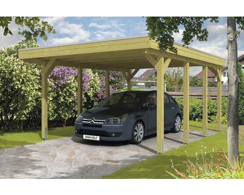 Prístrešok na auto SKAN HOLZ Friesland 397 x 555 cm impregnovaný vr. alu plechu Drevený prístrešok pre auto s zaparkovaným automobilom v záhrade.