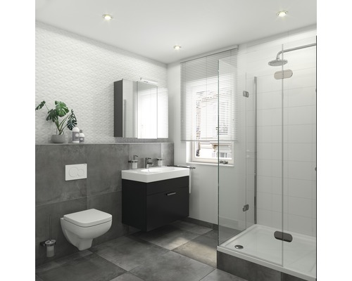 Moderná kúpeľňa so sprchou, skrinkou pod umývadlo, zrkadlovou skrinkou a toaletou.