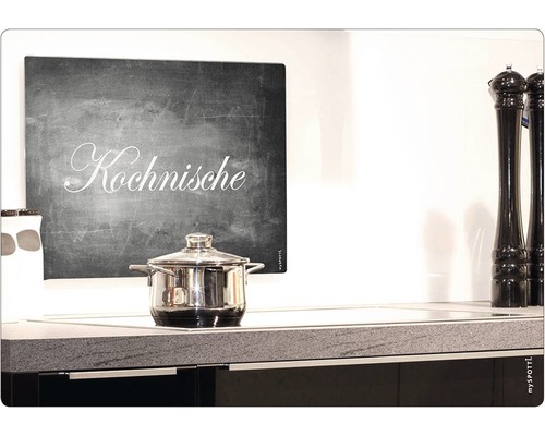 Obkladový panel do kuchyne mySPOTTI pop Kochnische 41x59 cm Kuchynská scéna s hrncom, mlynčekmi na korenie a ozdobnou tabuľou