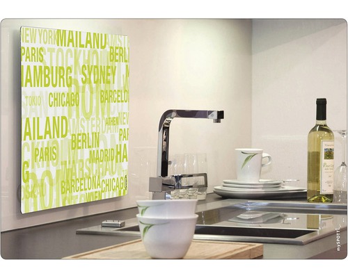 Kuchynská zástena s motívom názvov miest