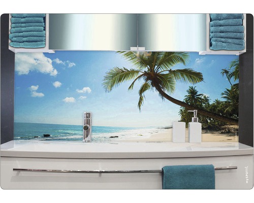 Kúpeľňové umývadlo s plážovým motívom a uterákmi