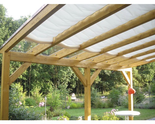 Tieniaca plachta na lankové upínanie, bez lanka, PES 140 g/m², biela 220x61 cm Drevená pergola s látkovou strechou v záhrade