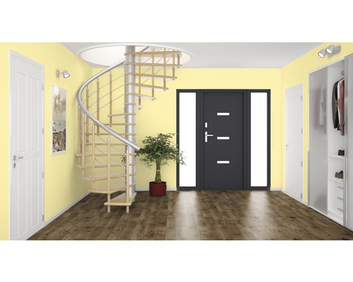 Svetlá chodba s točitým schodiskom, vchodovými dverami a šatníkovou skriňou