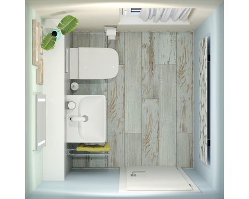 Pohľad zhora na kúpeľňu s toaletou, umývadlom, zrkadlom, drevenou podlahou a sprchou