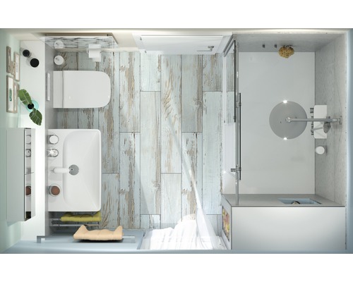 Kúpeľňa s toaletou, umývadlom a sprchou s drevenou podlahou