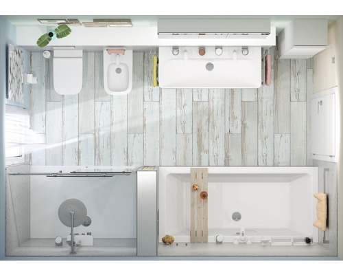 Pohľad zhora na kúpeľňu s toaletou, bidetom, umývadlom, sprchou a vaňou