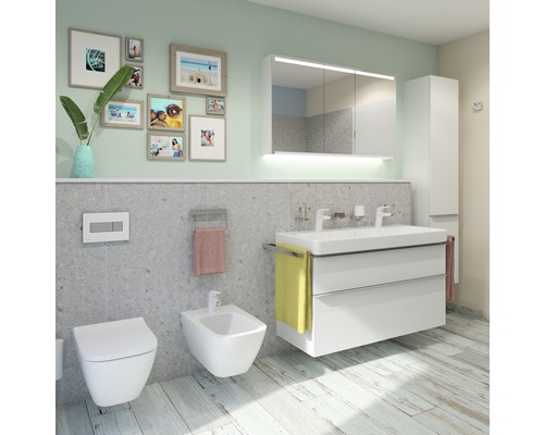 Moderná kúpeľňa s toaletou, bidetom, umývadlovou skrinkou a zrkadlovou skrinkou