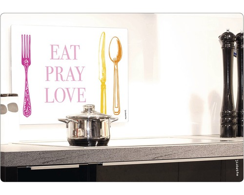 Dekoratívny kuchynský panel s nápisom Jedz modli sa miluj a obrázky príborov