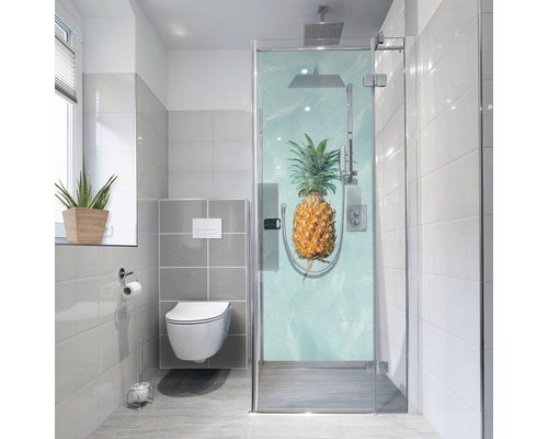 Samolepiaca fólia na stenu kúpeľne mySPOTTI fresh Happy Pineapple 90x210 cm