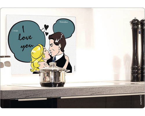 Magnetický kuchynský panel s komiksovým motívom nad hrncom na sporáku