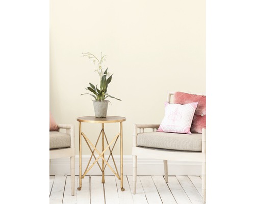 Scéna s príručným stolíkom, črepníkovou rastlinou a dvoma stoličkami s vankúšmi