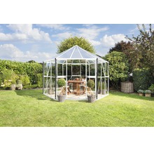 Skleník Vitavia Hera 9000 kombinácia skla a polykarbonátu 382x331 cm biely vr. základového rámu