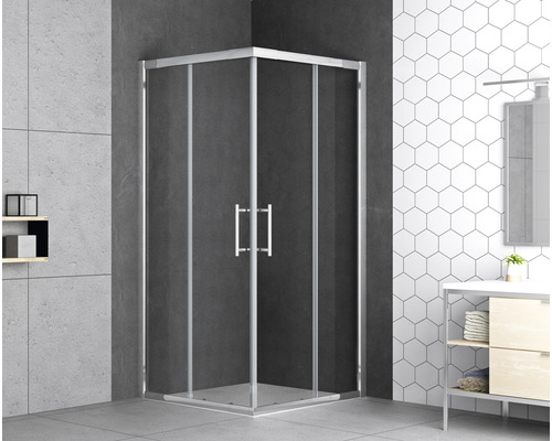 Rohová sprcha s čírymi sklenenými dverami a striebornými rámami v kúpeľni.