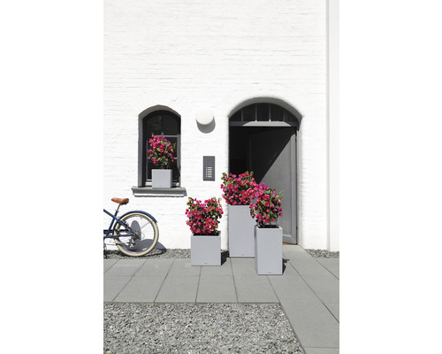 Scéna s tromi sivými kvetináčmi s kvetmi pred bielou fasádou