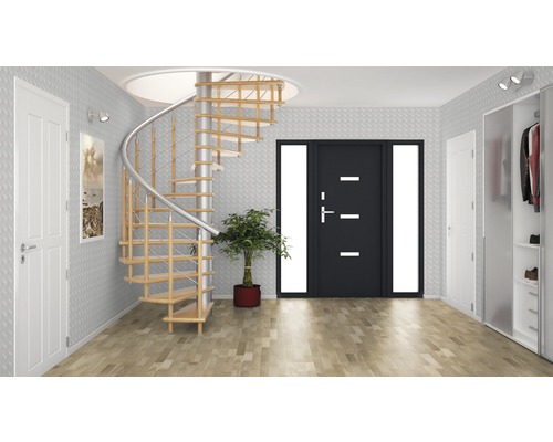 Vstupný priestor so špirálovým schodiskom, vchodovými dverami a šatňou