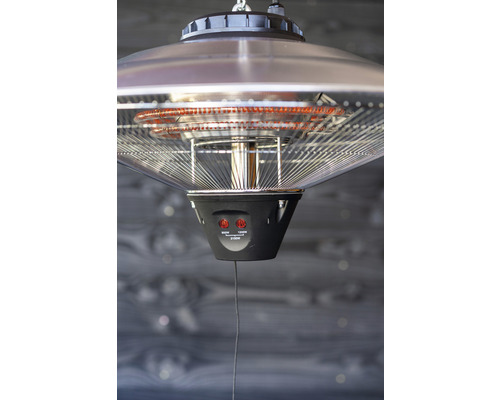 Závesný ohrievač pre vonkajšie použitie s vykurovacími špirálami a ovládacími prvkami.