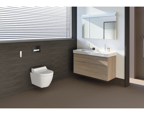 Moderná kúpeľňa so záchodom zaveseným na stene, umývadlom a zrkadlom