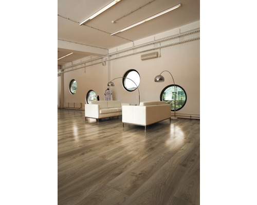 Svetlá miestnosť s drevenou podlahou, pohovkami a okrúhlymi oknami.