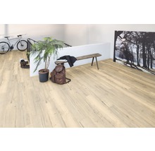 Scéna so svetlou laminátovou podlahou, lavicou, rastlinou, batohom a bicyklom