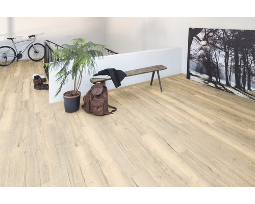 Scéna so svetlou laminátovou podlahou, lavicou, rastlinou, batohom a bicyklom