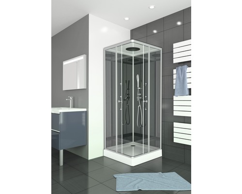 Moderná kúpeľňa s rohovou sprchou, umývadlom a ohrievačom uterákov