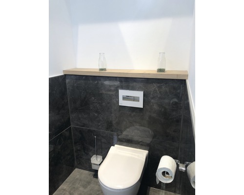 Moderná kúpeľňa s toaletou, držiakom toaletného papiera a policou