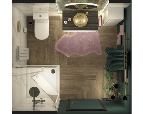 Pohľad zhora na kúpeľňu so sprchou, toaletou, umývadlom a dekoráciou